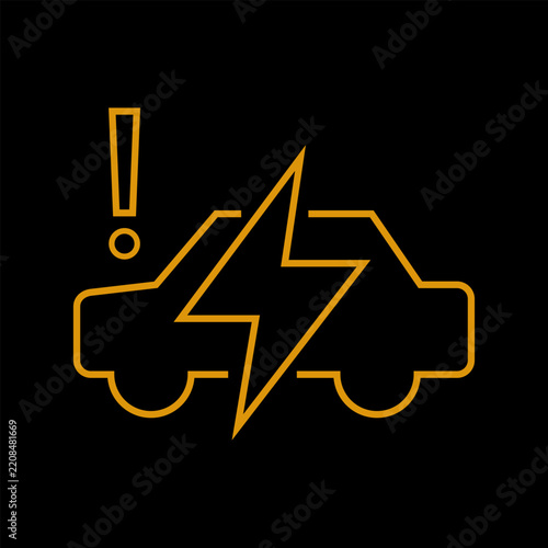 Vector graphic of an electric vehicle dashboard light for electrical fault. It consists of an amber car icon on a black background