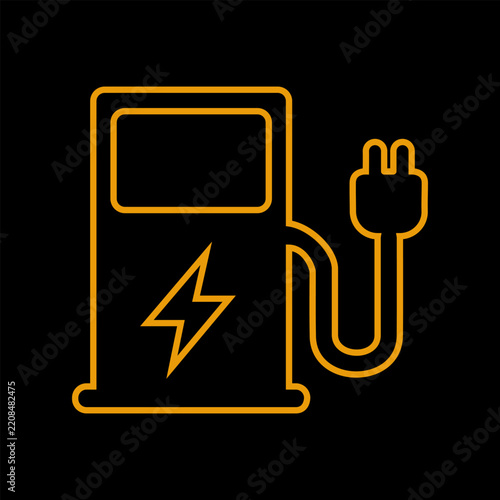 Vector graphic of an electric vehicle dashboard light for low battery. It consists of an amber charging station icon on a black background