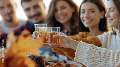 A close group of friends raise glasses at a cozy autumn Friendsgiving dinner. Warm lighting and delicious food create a lively atmosphere in a modern apartment.