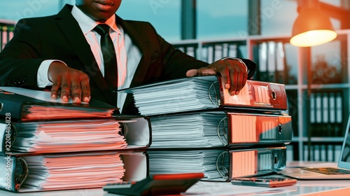 A Black male accountant in a suit closes financial ledgers at year-end. He reconciles figures with a laptop, calculator, and organized binders, signifying meticulous finance management.
