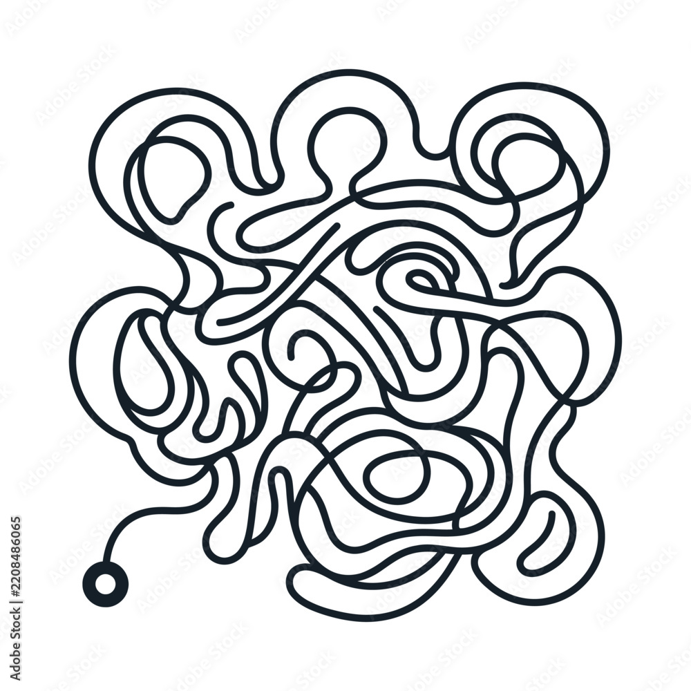 Obraz premium An intricate, abstract black line drawing forming a complex maze-like pattern with a single starting point.