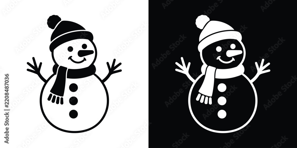 Obraz premium Cute snowman wearing a Santa hat and scarf icon set, available in black and white minimalist style for winter holiday vector designs. 