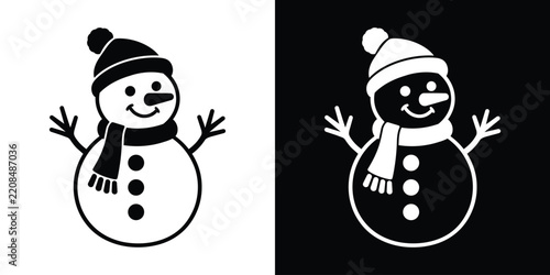 Cute snowman wearing a Santa hat and scarf icon set, available in black and white minimalist style for winter holiday vector designs.   