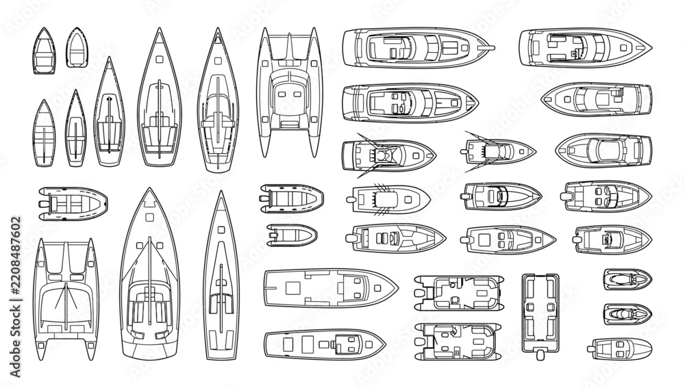 Fototapeta premium Top view boat and yacht floor plan CAD blocks, thin line outline nautical vessel symbols for marina layouts, dock planning, harbor design, marine engineering and architectural drawings