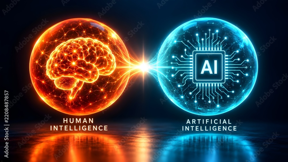 Fototapeta premium Two glowing spheres, one orange containing a neural network brain and one blue containing a digital AI chip, connected by a bright light beam
