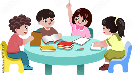 Children studying together at a colorful table with copy space for educational materials