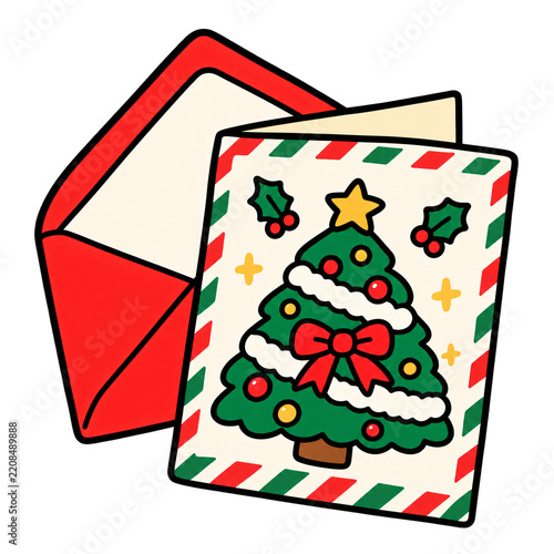 Cute cartoon Christmas card with tree holly and red envelope