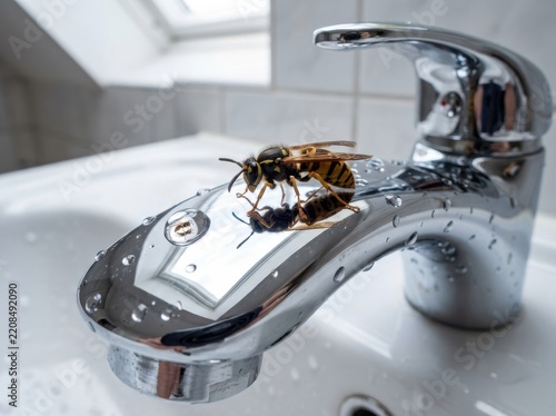 Hornet on chrome faucet in bathroom sink with water droplets and reflection