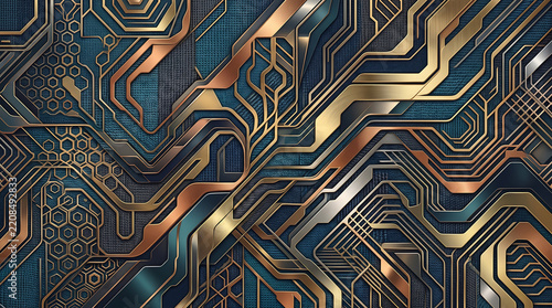 Abstract futuristic technology background with intricate gold and copper circuit board patterns on dark blue fabric