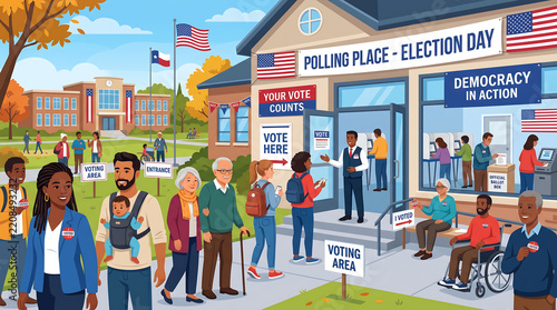 Diverse Group of Citizens Participating in Democratic Election Process at a Local Community Polling Place Facility