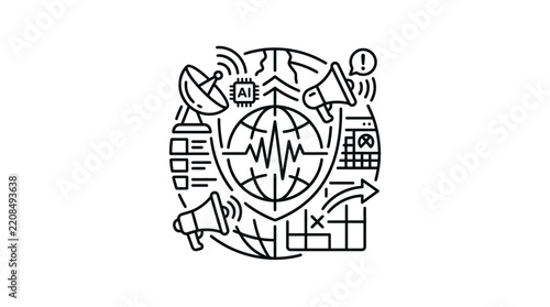 Hand Drawn Tree Sketch Vector Illustration with Abstract Eco, Earth, Heart and Social Communication Symbols for Nature, Business and Technology Design
