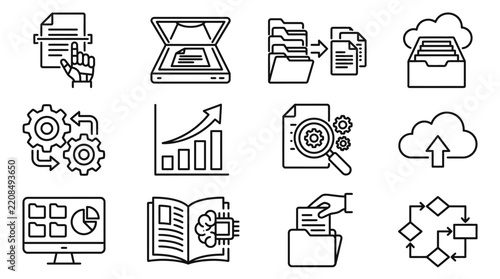 Black and White Business Icon Set with Money, Computer, Internet, Office, Document, Book and Home Vector Symbols for Web Design and Illustration