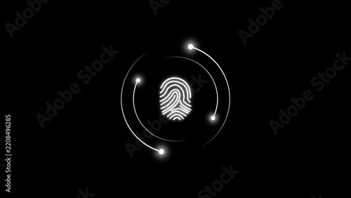 White Fingerprint With Orbiting Lights On Black Background abstract authentication