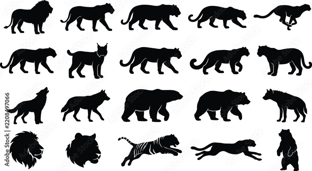 Obraz premium Wild Predators Big Cats Lion Tiger & Leopard Vector Silhouette Set