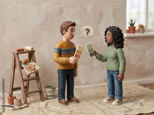 Miniature Diorama of Home Renovation with Clay Figurines and Color Swatches
