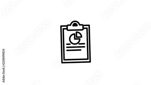 Animated black and white line art icon of a business clipboard with a pie chart report.