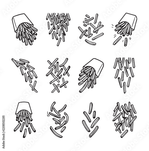 French fries spilling from paper containers with dynamic scattering motion isolated on white background line art