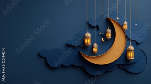 Deep blue Islamic night banner featuring metallic crescent moon and illuminated lanterns with large copy space for text or graphics