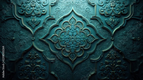 Emerald blue embossed geometric Islamic pattern with intricate details and rich texture, illuminated by studio lighting, ideal for premium decorative Ramadan backgrounds