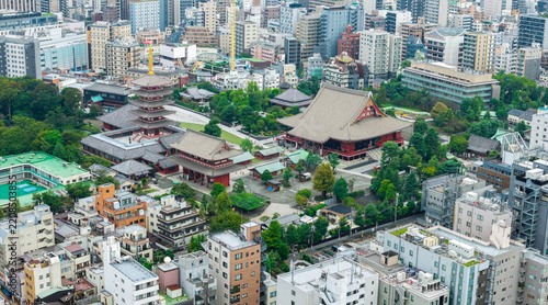 Aerial view of the historic Senso-ji Temple in Asakusa, Taito, Tokyo, Japan, showing the iconic pagoda amidst the bustling city landscape.