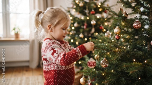 Little girl decorating christmas tree with toys and baubles. Cute kid preparing home for xmas celebration.