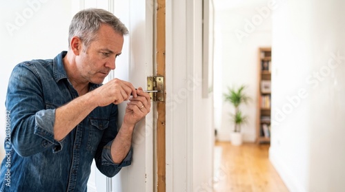 Man fixing squeaky door hinge with screwdriver in home setting. Fixing door hinge includes adjusting screws and ensuring smooth operation. Concept of home maintenance and DIY repair tasks.