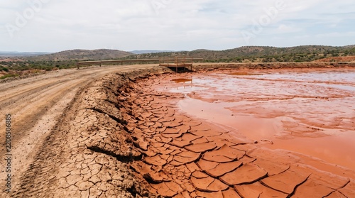 Bauxite tailings in red mud lake with cracked surface and dry dirt paths highlighting environmental impact. Scenic landscape showcases bauxite processing effects on natural area.