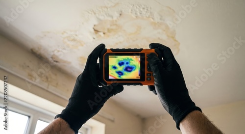 Thermal Imaging Inspection of Ceiling Damage with Handheld Camera.