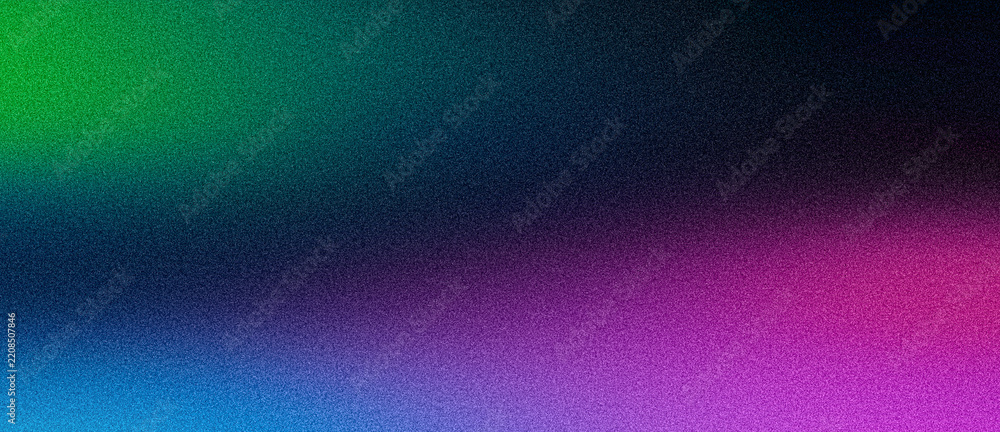 Naklejka premium Wide banner grainy background, abstract grain texture vibrant gradient, purple green blue glowing color blurs on black backdrop, dark header, poster, flyer, cover or wallpaper design