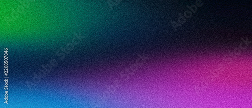 Wide banner grainy background, abstract grain texture vibrant gradient, purple green blue glowing color blurs on black backdrop, dark header, poster, flyer, cover or wallpaper design