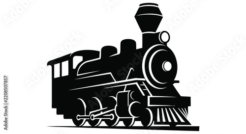 Black silhouette of a vintage steam locomotive on a white background