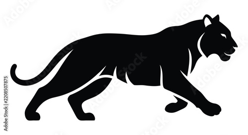 Black panther silhouette depicts a prowling feline form against a white background