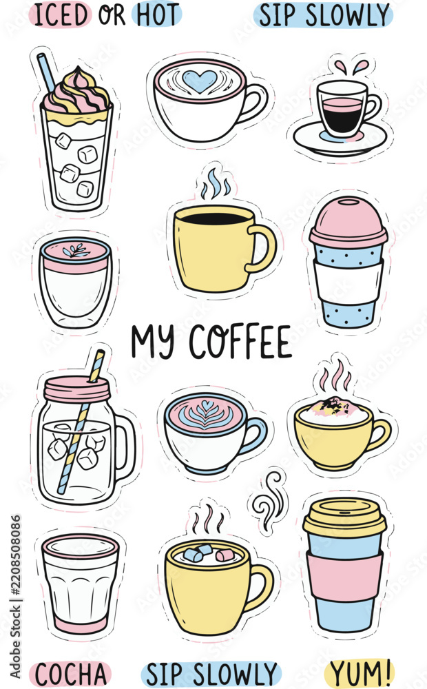 Obraz premium Whimsical Coffee Drinks and Mugs Sticker Collection