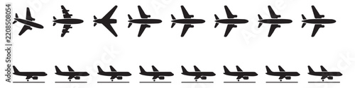 Set of airplane takeoff and landing icons for flight tracking applications and travel marketing.
