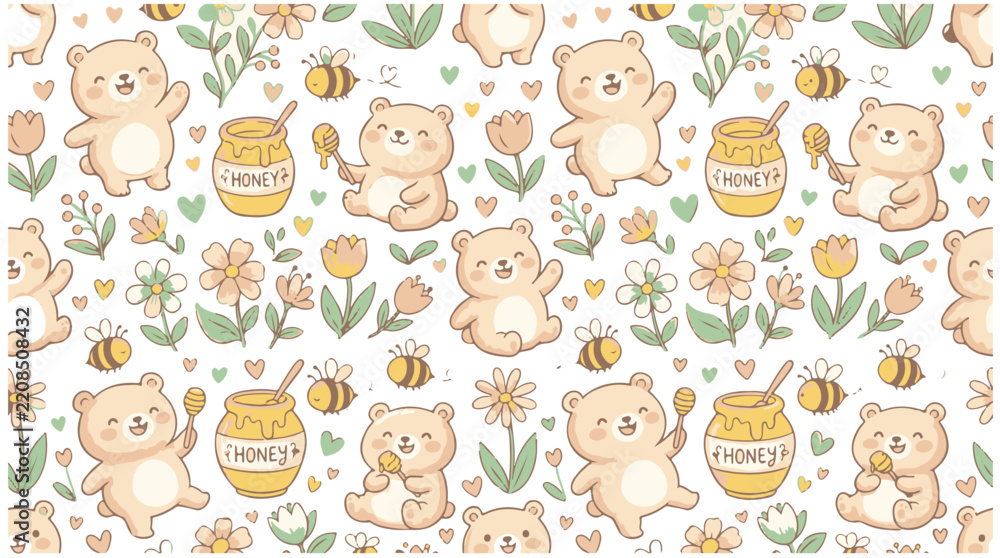 Obraz premium Vector seamless pattern with cute cartoon teddy bears honey pots bees and spring flowers for nursery textile design