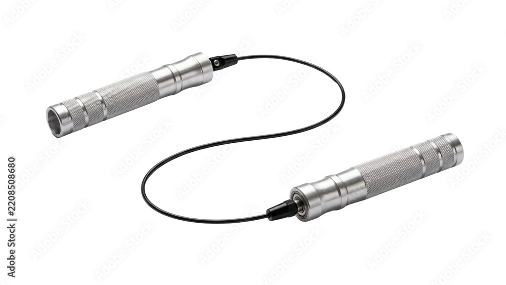 Obraz premium Jump rope featuring sleek silver metal handles and a black cable lies on a transparent surface.