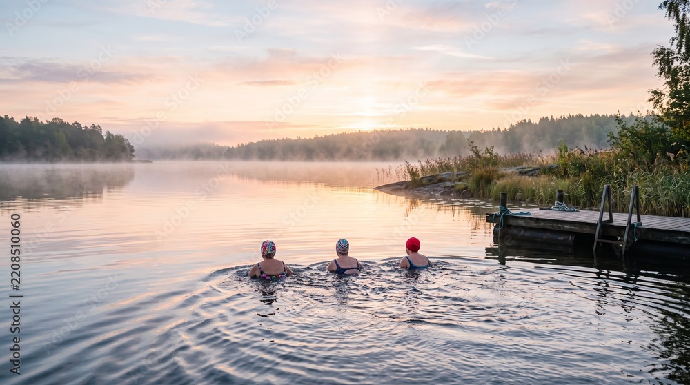 Fototapeta premium Three individuals wearing swim caps are swimming in a serene lake at sunrise, with mist hovering over the water and a lush forest in the background
