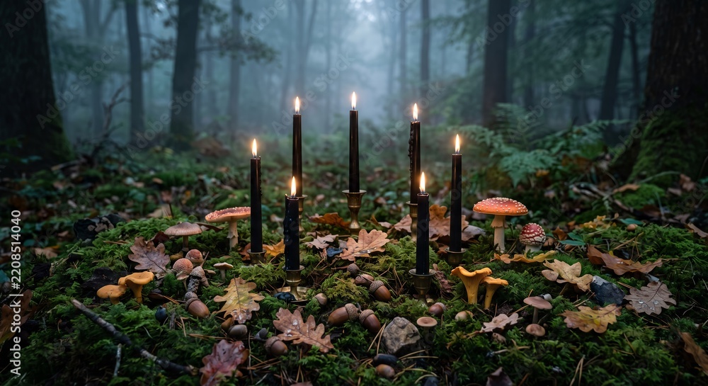 Fototapeta premium Candlelit Forest Alter with Mushrooms and Leaves
