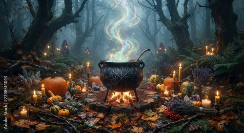 Mystical Cauldron in Enchanted Forest with Pumpkins and Candles