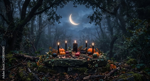 Mystical Autumn Altar Scene with Candles and Pumpkins
