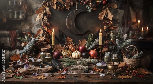 Autumn Altar with Crow and Harvest Decor