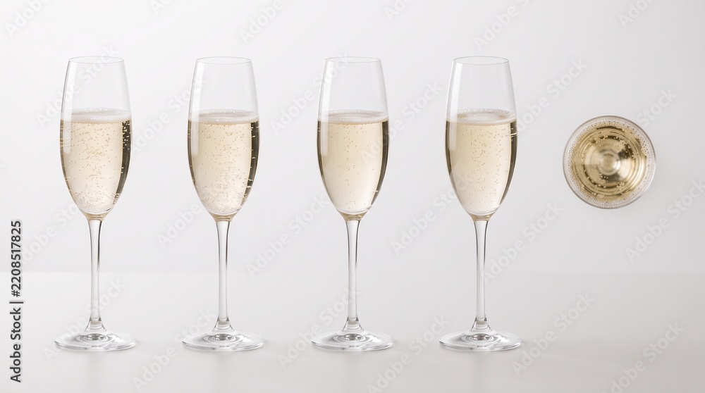 Fototapeta premium Four glasses of champagne with bubbles and a top view of one glass on a white background