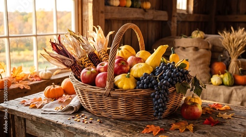 Harvest Basket with Autumn Produce on Wooden Table