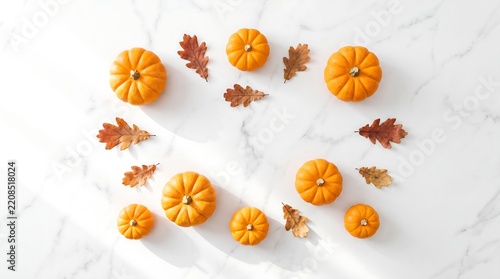 Small Pumpkins and Leaves Frame on Marble