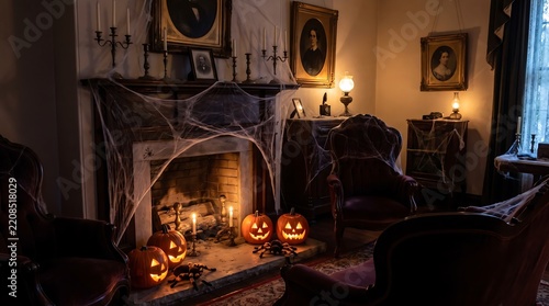 Spooky Haunted Room with Jack-O'-Lanterns and Spiderwebs