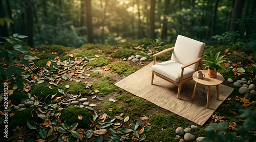 a chair sitting in the middle of a forest