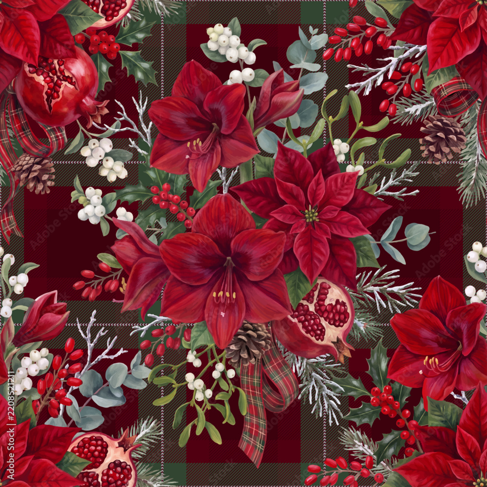 Fototapeta premium Seamless watercolor Christmas botanical pattern amaryllis and poinsettia flowers, holly leaves and berries, mistletoe, pomegranate, eucalyptus, and plaid ribbon isolated on a changeable background.