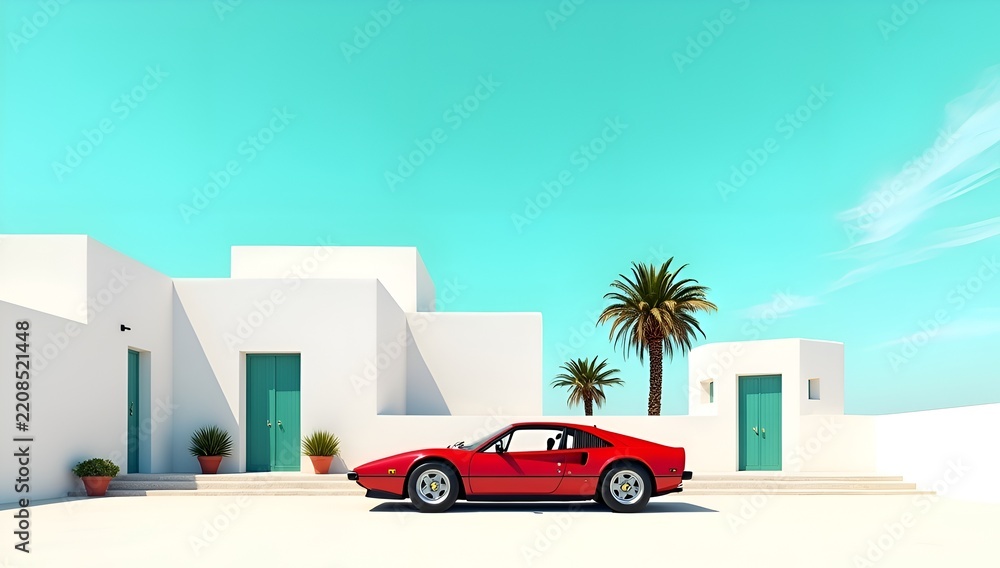 Obraz premium Classic Red Sports Car Outside Mediterranean White Villa Minimalist Photography
