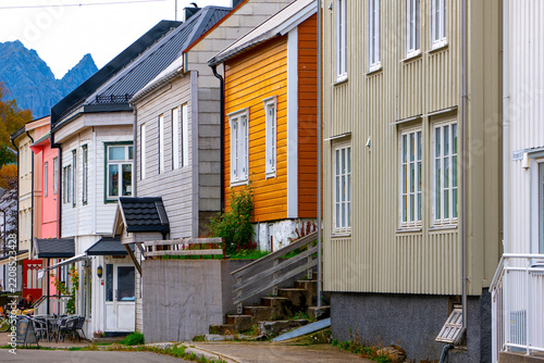 Colorful traditional wooden houses along a street in Kabelvag, Lofoten, Norway