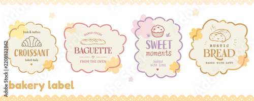 Bakery cafe croissant with labels pastel vintage and baguette muffin bread. Pastry label homemade with sweet branding premium and sign retro menu.